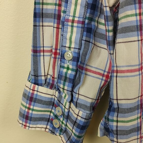Talbot's Blue Plaid Button Front Shirt Long Sleeve Top Metallic Stripe Size LP - Picture 9 of 10